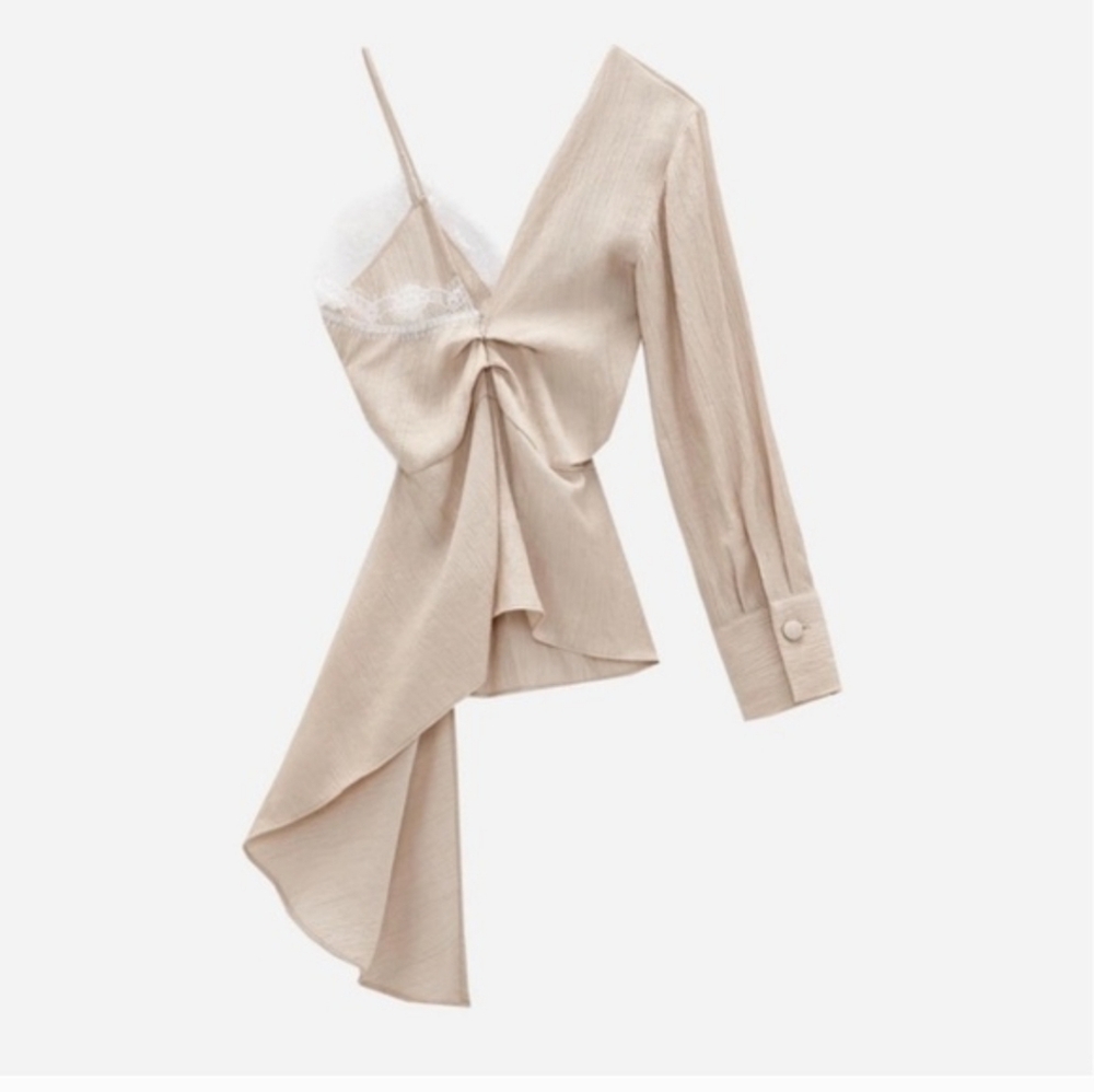 WOMEN'S Zara ASYMMETRICAL TOP Shirt BLOUSE WITH Lace SZ XL CHAMPAGNE COLOR $50 - Picture 5 of 6